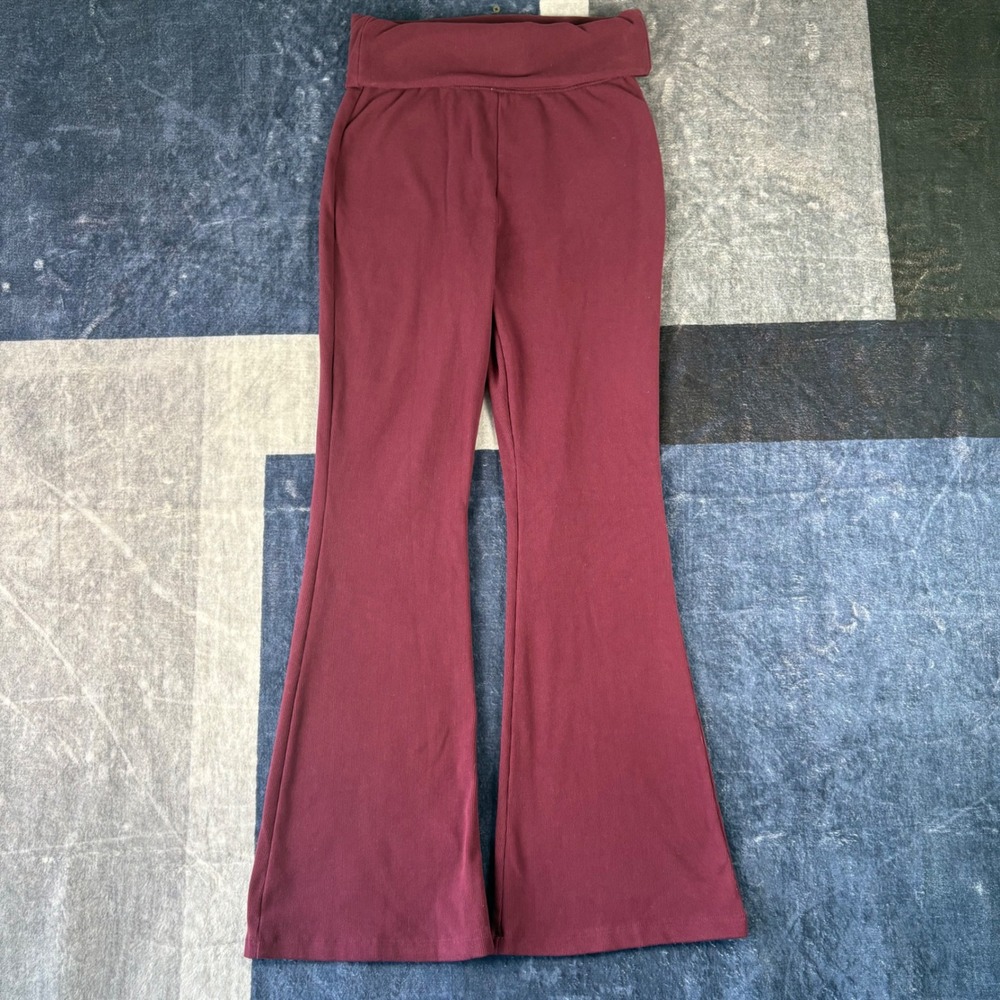 No Boundaries Womens Ribbed Flare Yoga Pants Burgundy Red Foldover Waist Medium